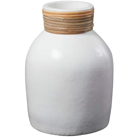 11" White Ceramic Vase with Wrapped Rattan Detailing